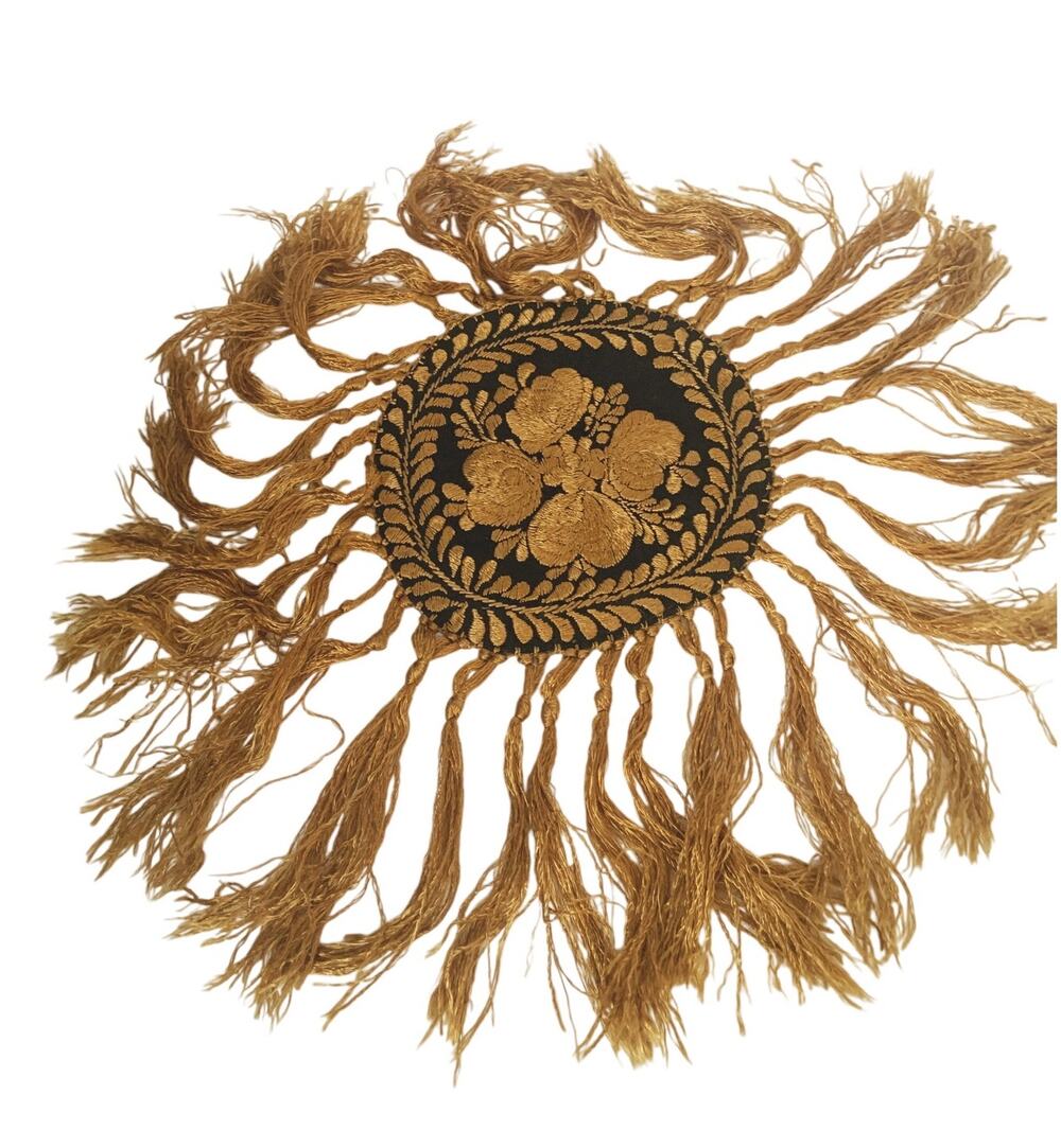 Antique Matyo Hungarian Folk Embroidery Yellow Floral Fringe Round Doily Handmad